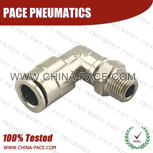 Male Elbow Camozzi Type Brass Push In Air Fittings, All Brass Pneumatic Fittings, Nickel Plated Brass Air Fittings, Full Brass Push To Connect Fittings, one touch tube fittings, Push In Pneumatic Fittings